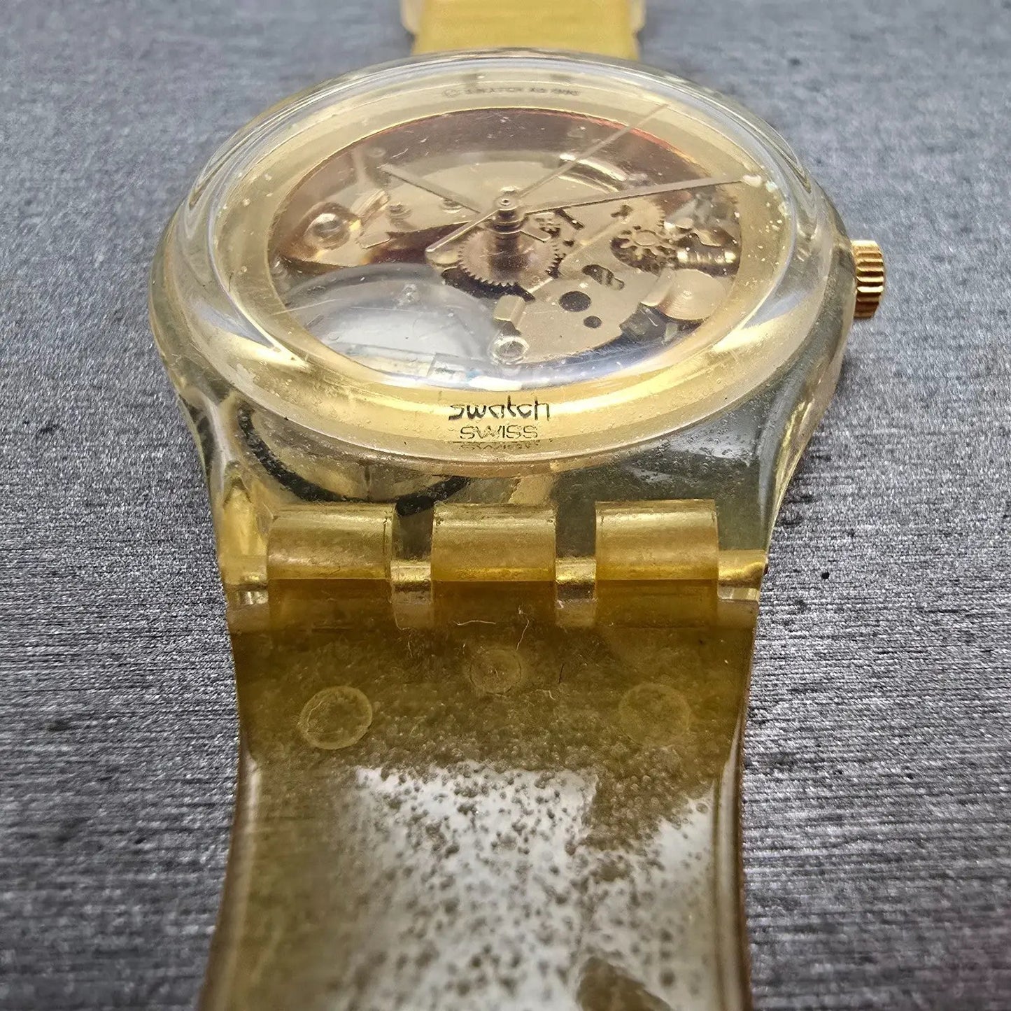 Swatch Golden Jelly Watch Men 34mm Skeleton Dial Clear Case READ! GZ115 New Batt4