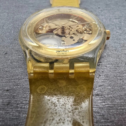 Swatch Golden Jelly Watch Men 34mm Skeleton Dial Clear Case READ! GZ115 New Batt4