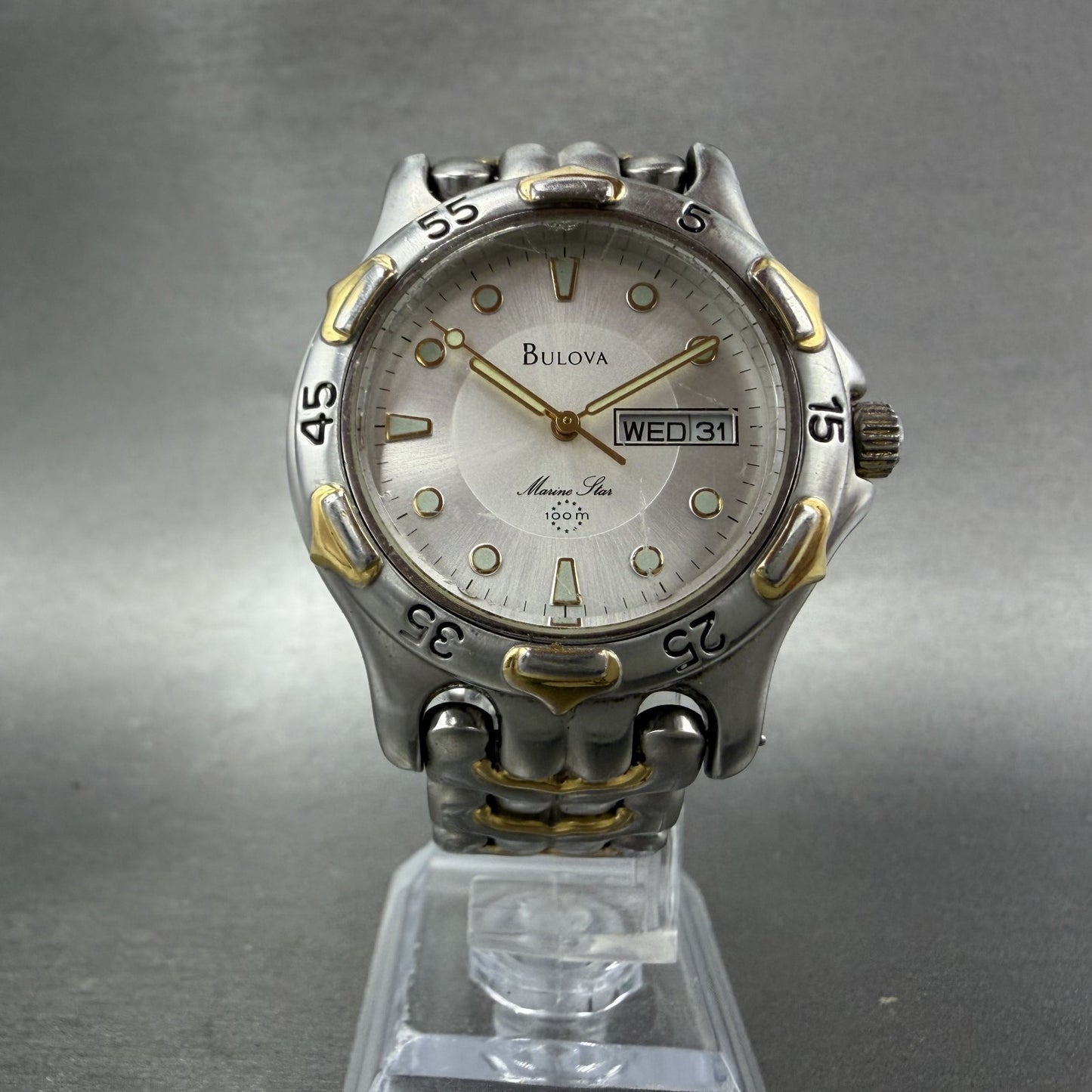 Bulova Marine Star Watch Men 37mm White Dial Two Tone Daydate Round New Battery5