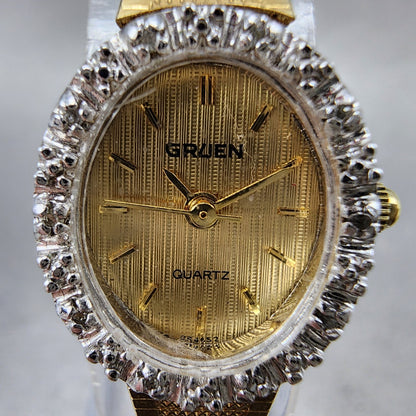 Gruen Watch Women 16mm Gold Dial Gold Tone Oval Diamond Bezel New Battery1