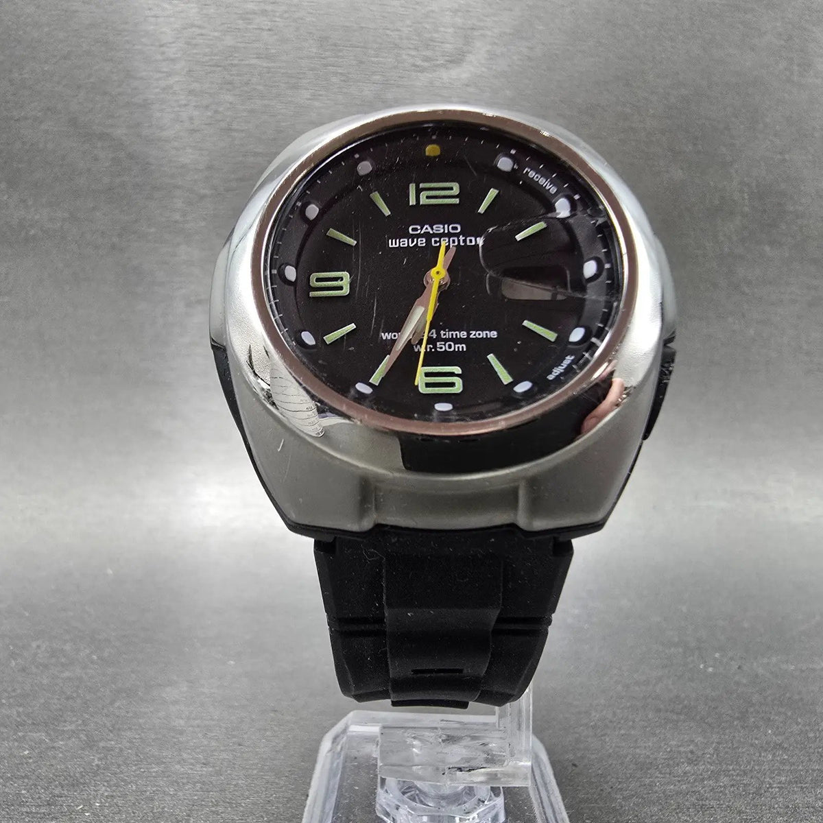 Casio Waveceptor WVQ-201HA Watch Men 41mm Black Dial Silver Tone Date Solar Runs6
