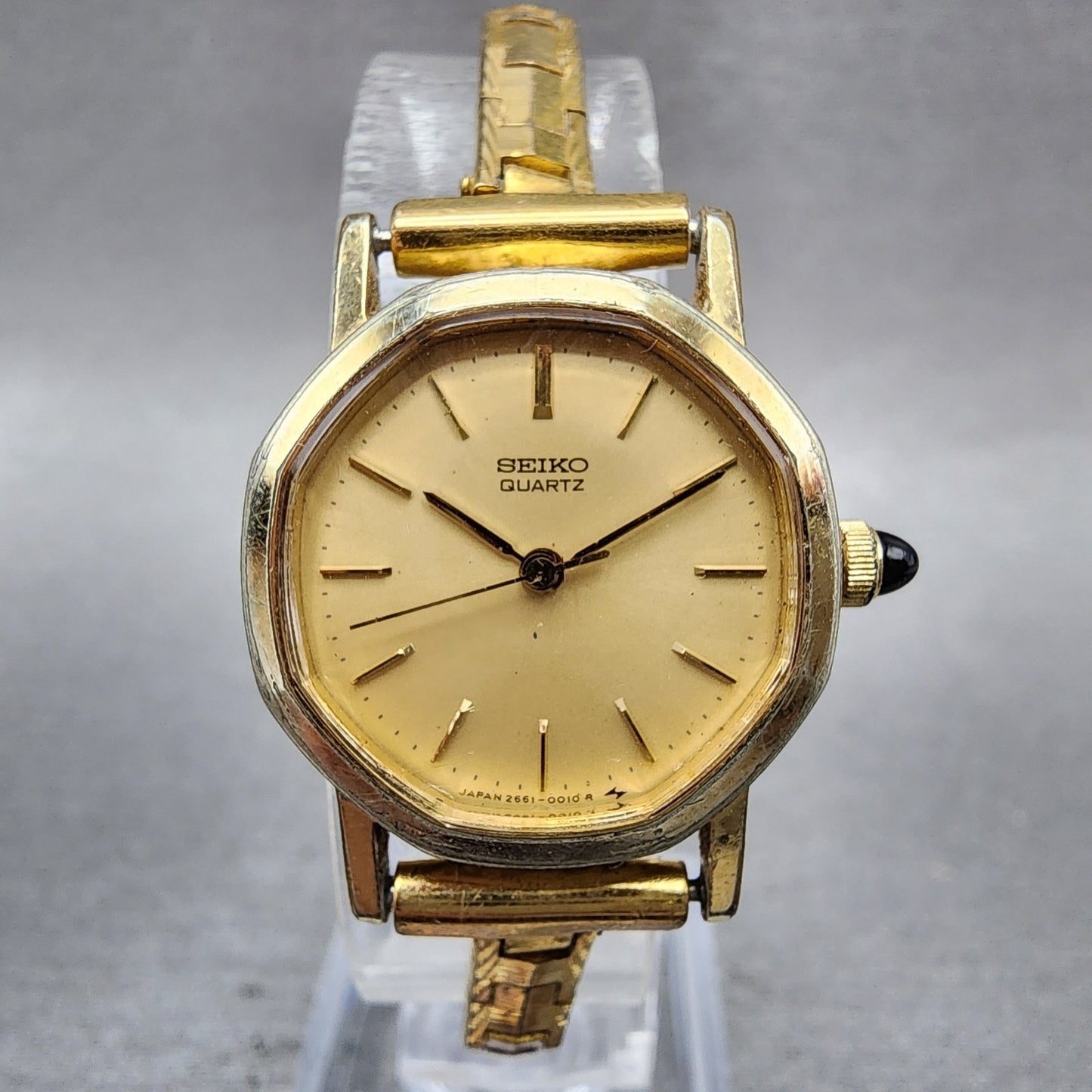 Seiko Watch Women 23mm Champagne Dial Gold Tone Octagon 26615009 New Battery0