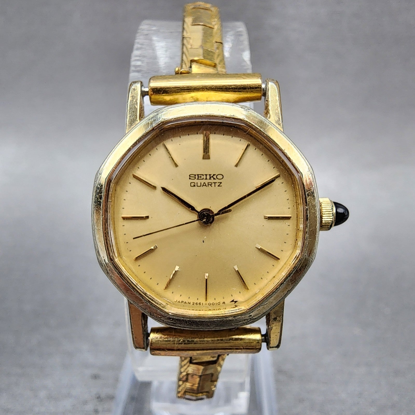 Seiko Watch Women 23mm Champagne Dial Gold Tone Octagon 26615009 New Battery0