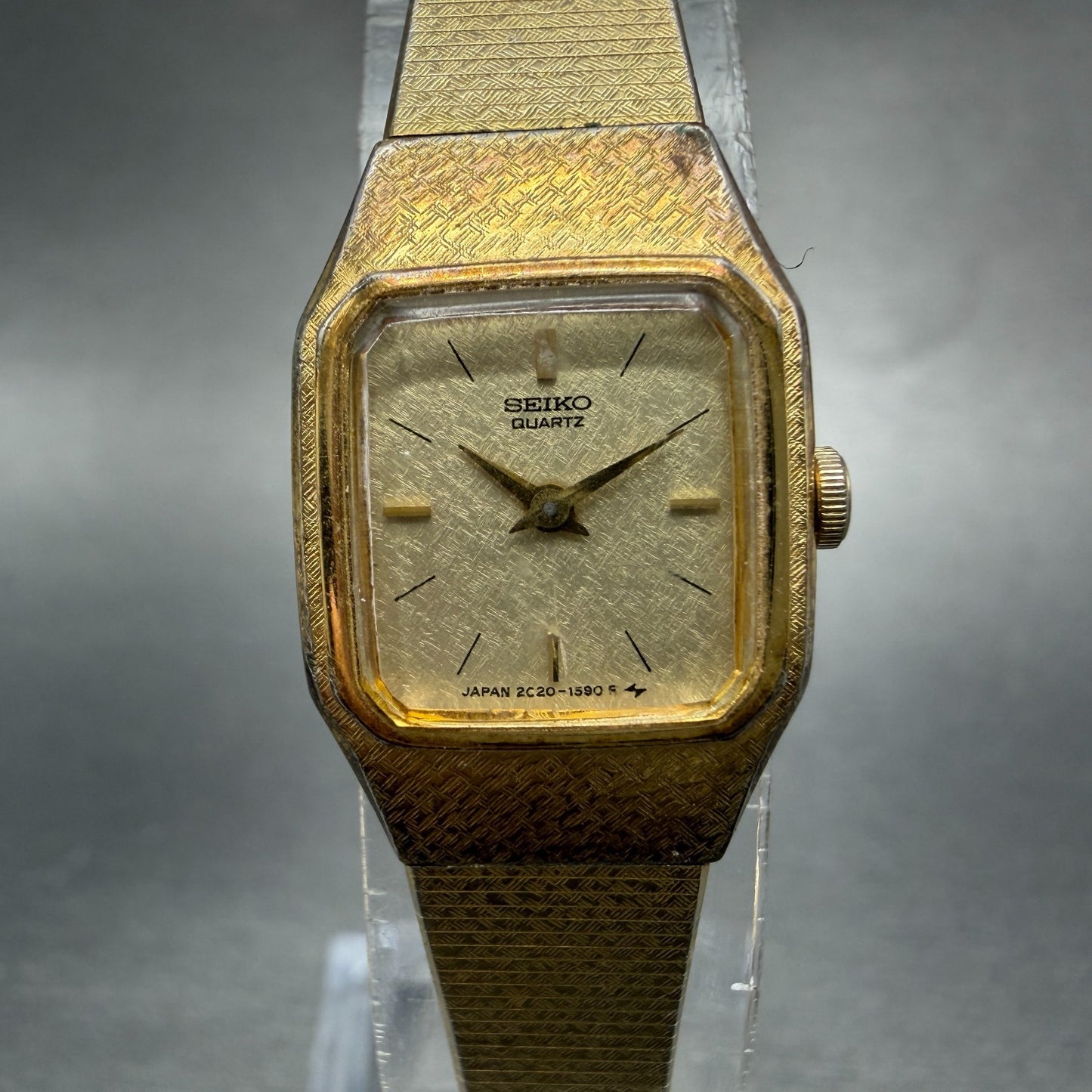 Seiko Watch Women 17mm Champagne Dial Gold Tone Rectangle 2C20-5789 New Battery30