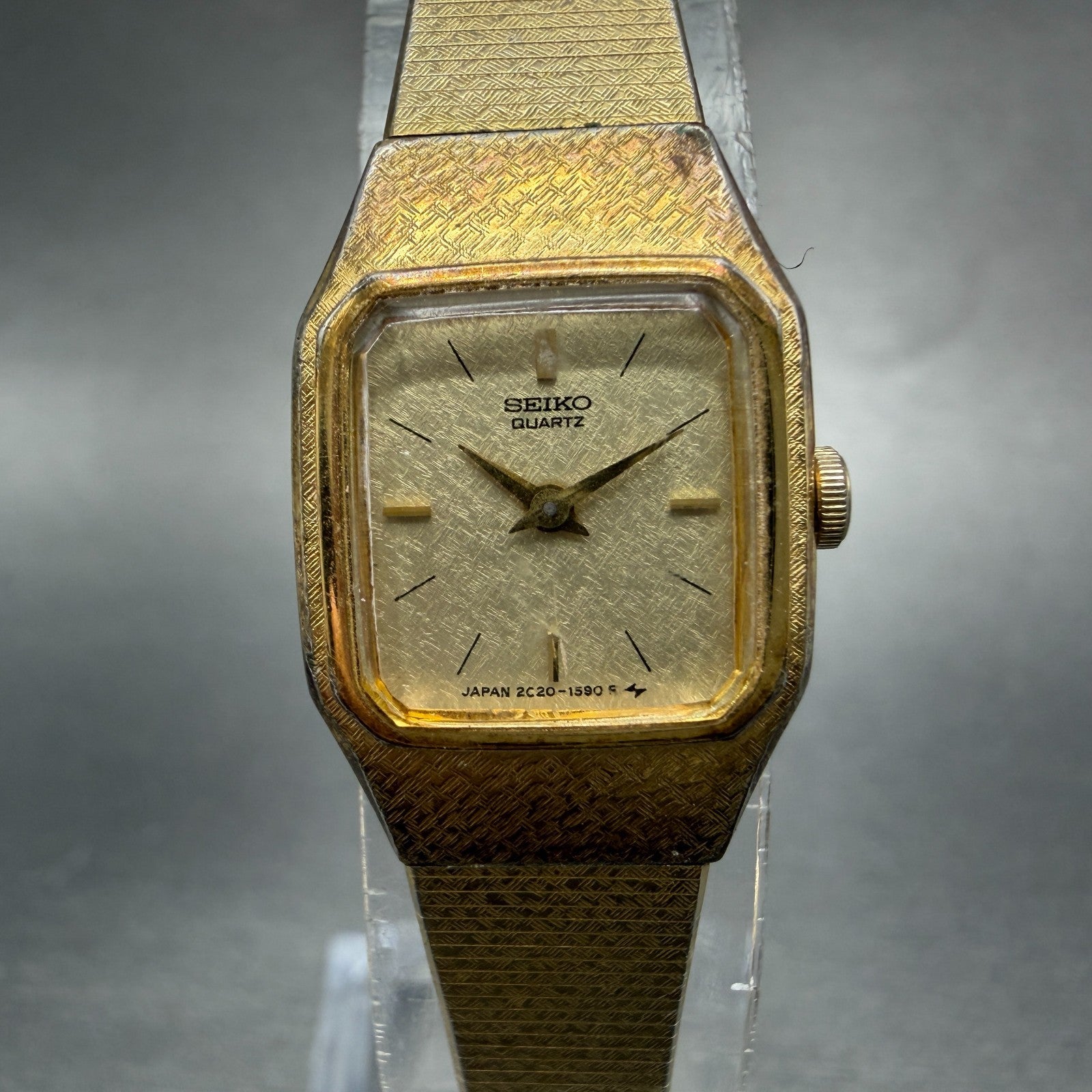 Seiko Watch Women 17mm Champagne Dial Gold Tone Rectangle 2C20-5789 New Battery30