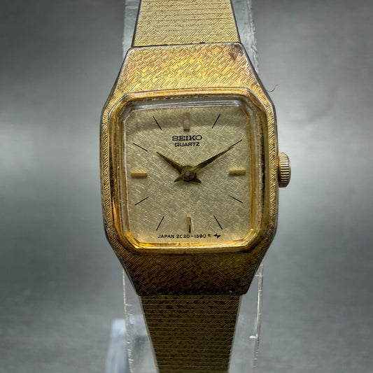 Seiko Watch Women 17mm Champagne Dial Gold Tone Rectangle 2C20-5789 New Battery30