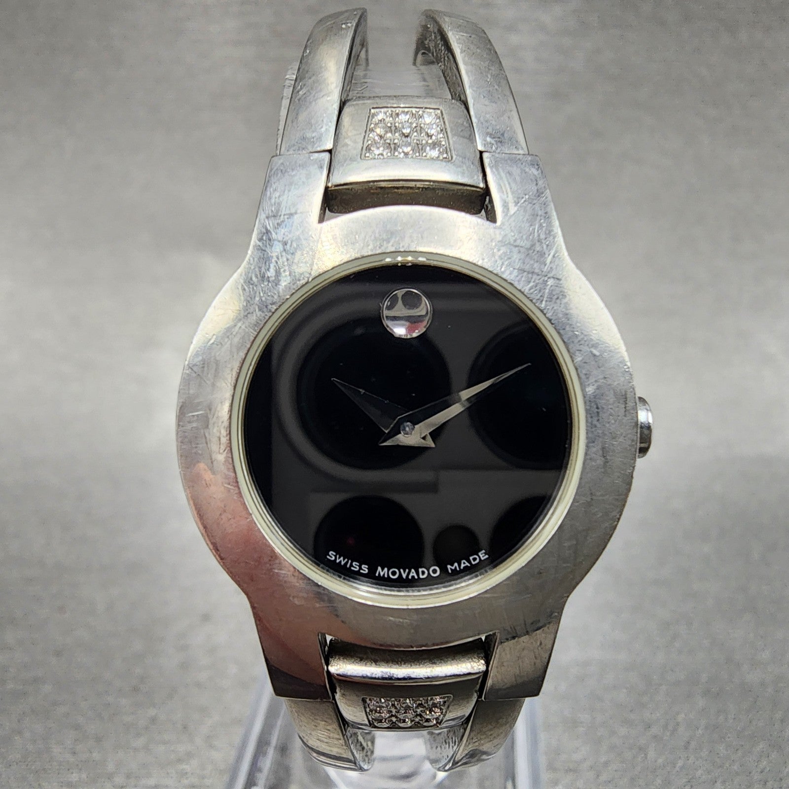 Movado Amorosa Watch Women 24mm Black Dial Steel Diamond Accents New Battery0