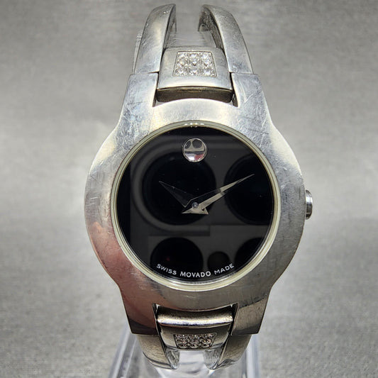 Movado Amorosa Watch Women 24mm Black Dial Steel Diamond Accents New Battery0
