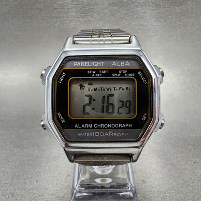 Seiko ALBA Digital Watch Men 36mm Silver Dial Alarm Chrono Y735-4A00 New Battery