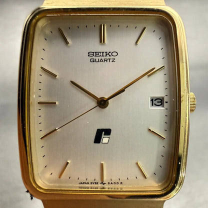 Seiko Watch Men 26mm White Dial Gold Tone Date Rectangle 5Y32-5A09 New Battery1