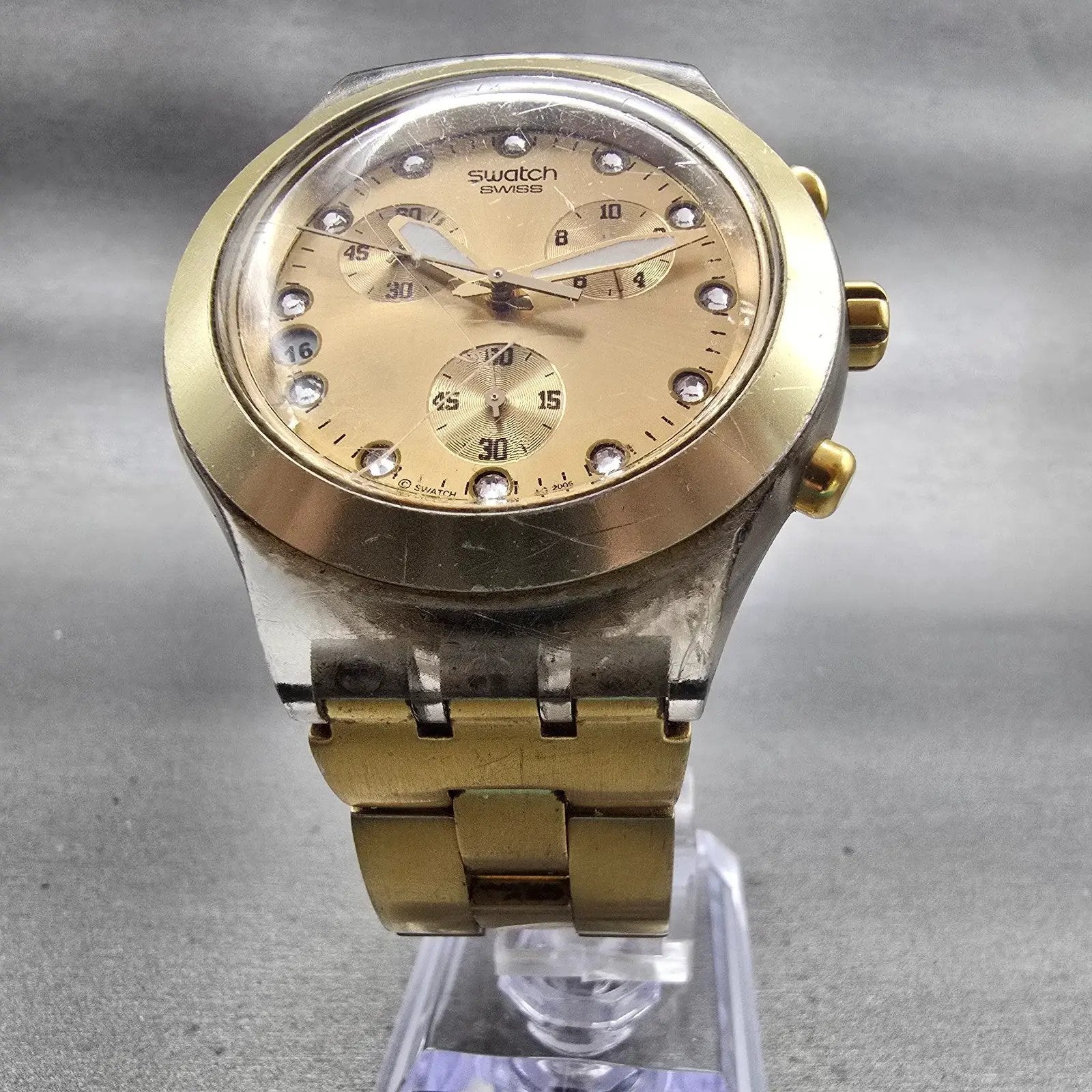 Swatch Irony Diaphone Full Blooded Chrono Watch Unisex 43mm Gold Tone New Batt5