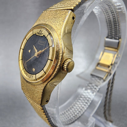 VTG Seiko Galaxy Watch Women 20mm Black Dial Gold Tone Round 8Y21-0030 New Batt