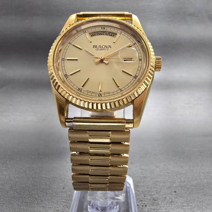 Bulova President Watch Men 36mm Gold Dial Gold Tone Daydate Round 97C03 New Batt5