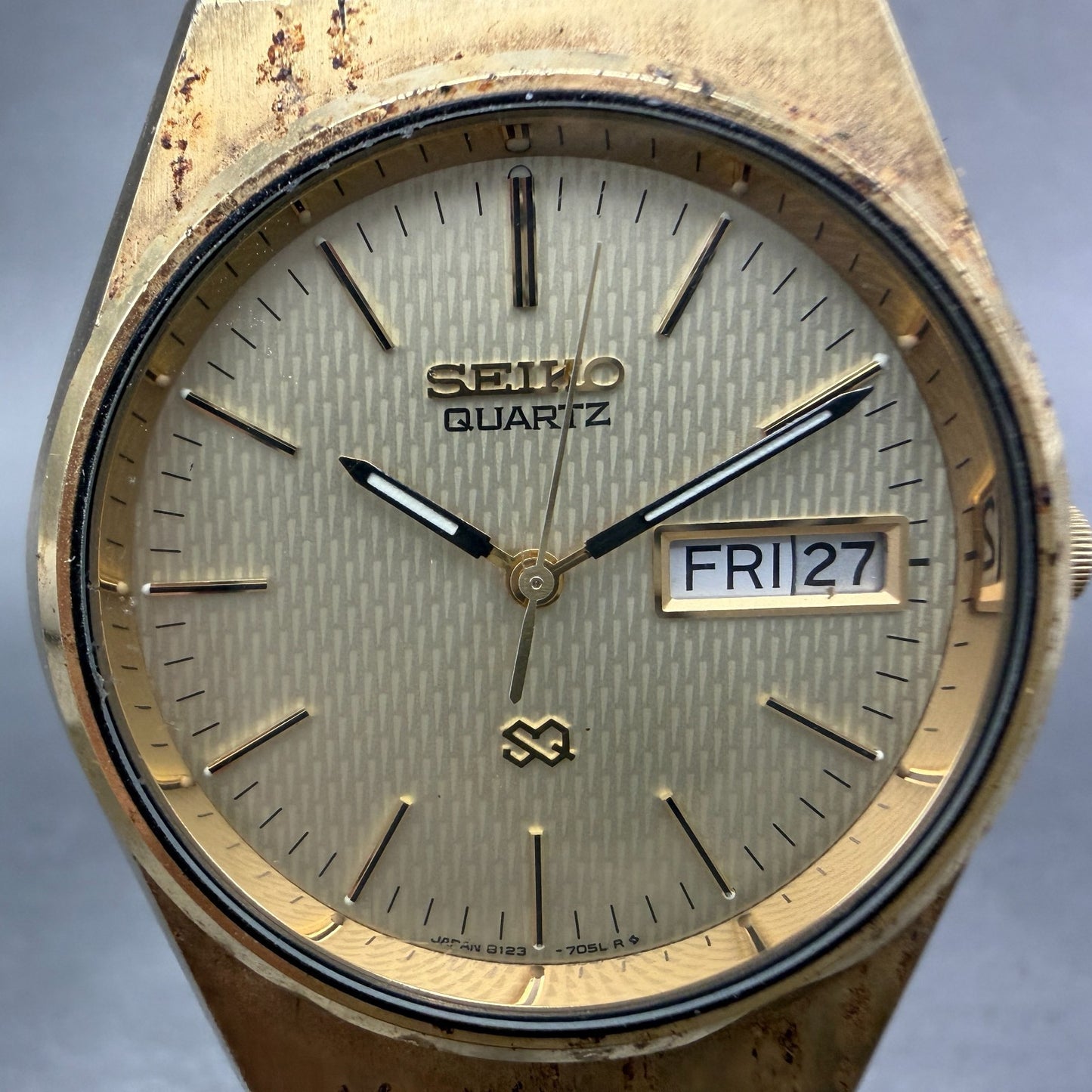 Seiko SQ Watch Men 35mm Champagne Dial Gold Tone Daydate 8123-7040 New Battery1