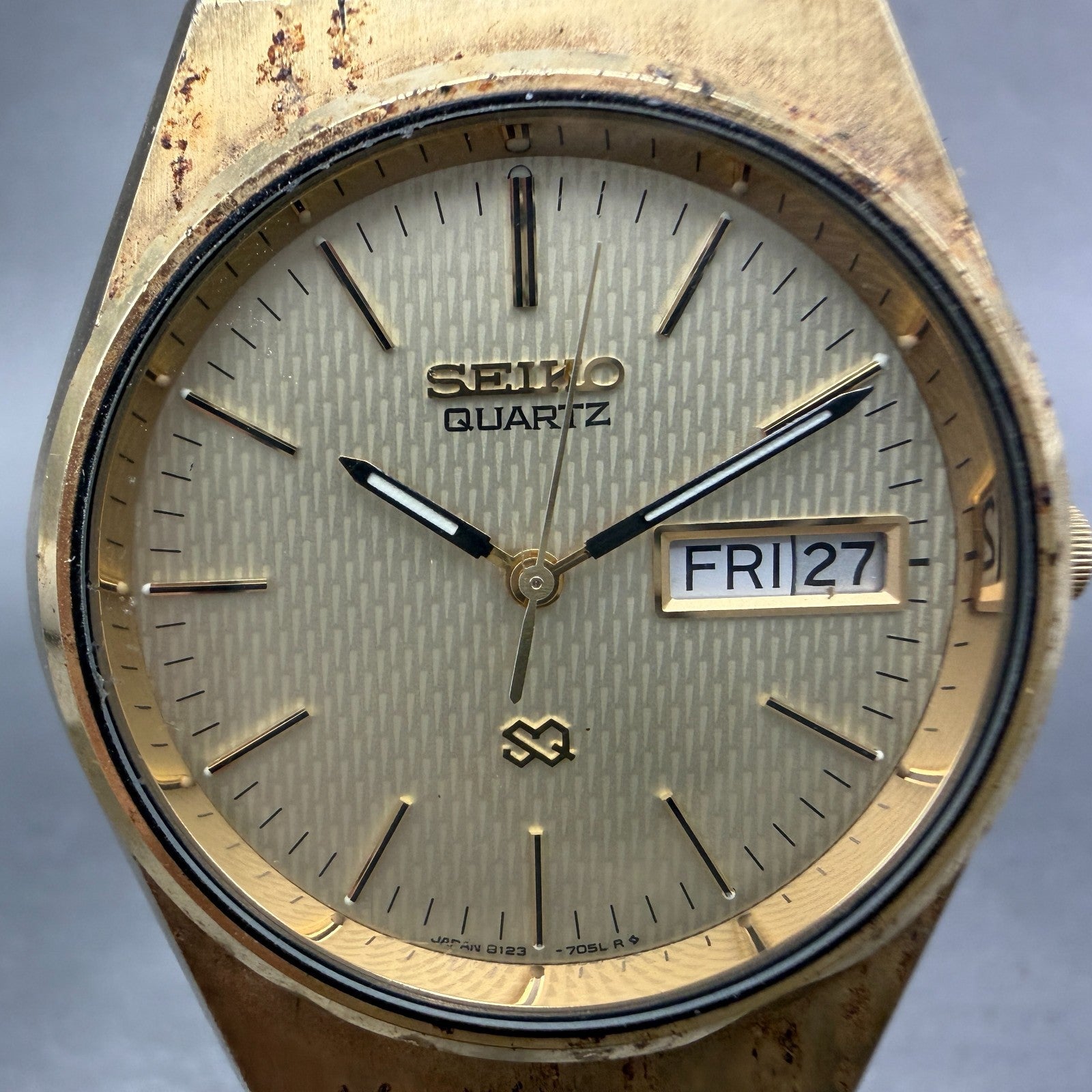 Seiko SQ Watch Men 35mm Champagne Dial Gold Tone Daydate 8123-7040 New Battery1