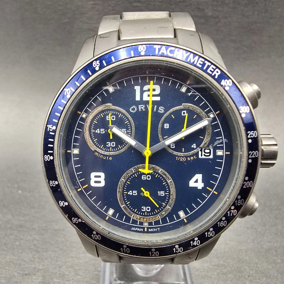 Orivs Chronograph Watch Men 42mm Blue Dial Titanium Date Round New Battery0