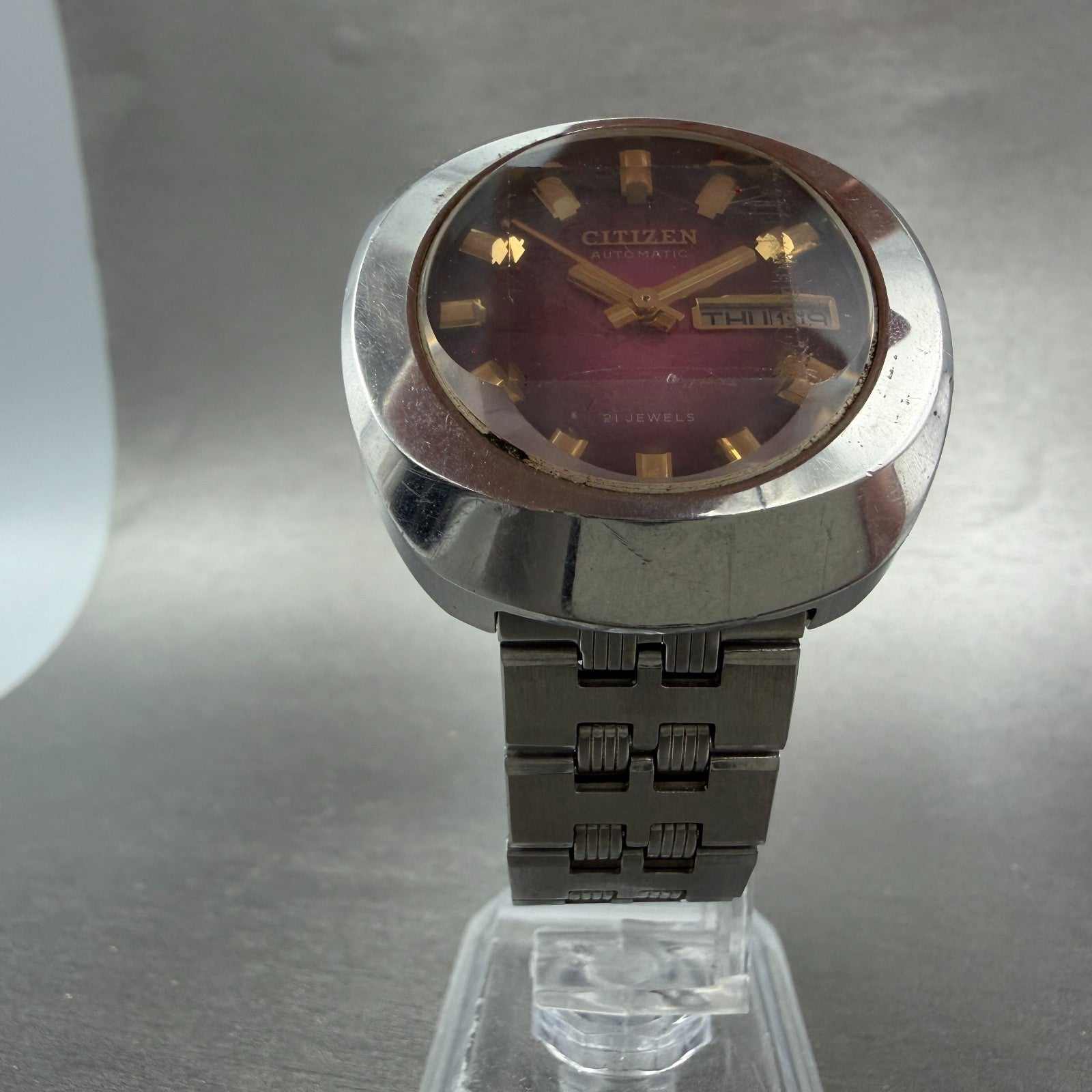 Citizen Automatic Watch Men 37mm Red Dial Steel Case Daydate 4-651961 Runs5