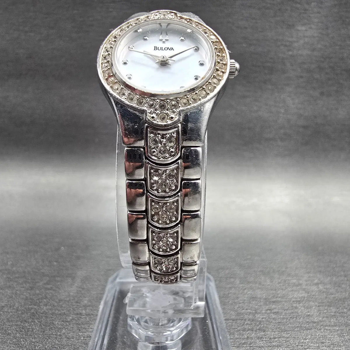 Bulova Watch Women 22mm MOP Dial Silver Tone Crystal Bezel 96T14 New Battery5