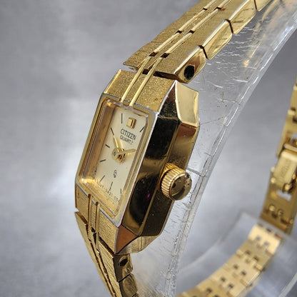 Citizen CQ Tank Watch Women 13mm Champagne Dial Gold Tone 5421S18531 New Batt2