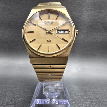 Seiko SQ Watch Men 33mm Gold Dial Gold Daydate Round 6923-7099 New Battery5