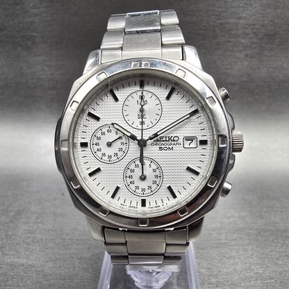 Seiko Chronograph Watch Men 40mm Silver Dial Silver Tone Date 7T92-0CA0 New Bat0