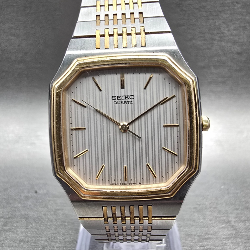Seiko Watch Men 31mm Silver Dial Two Tone Rectangle 6030-5080 New Battery0