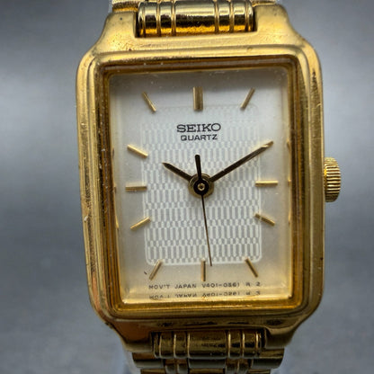 Seiko Tank Watch Women 18mm White Dial Gold Tone Rectangle V401-5129 New Batt NH1