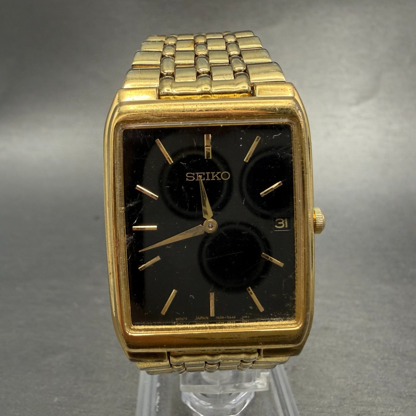 Seiko Tank Watch Men 27mm Black Dial Gold Tone Date Rectangle 7N39-5A39 PARTS0