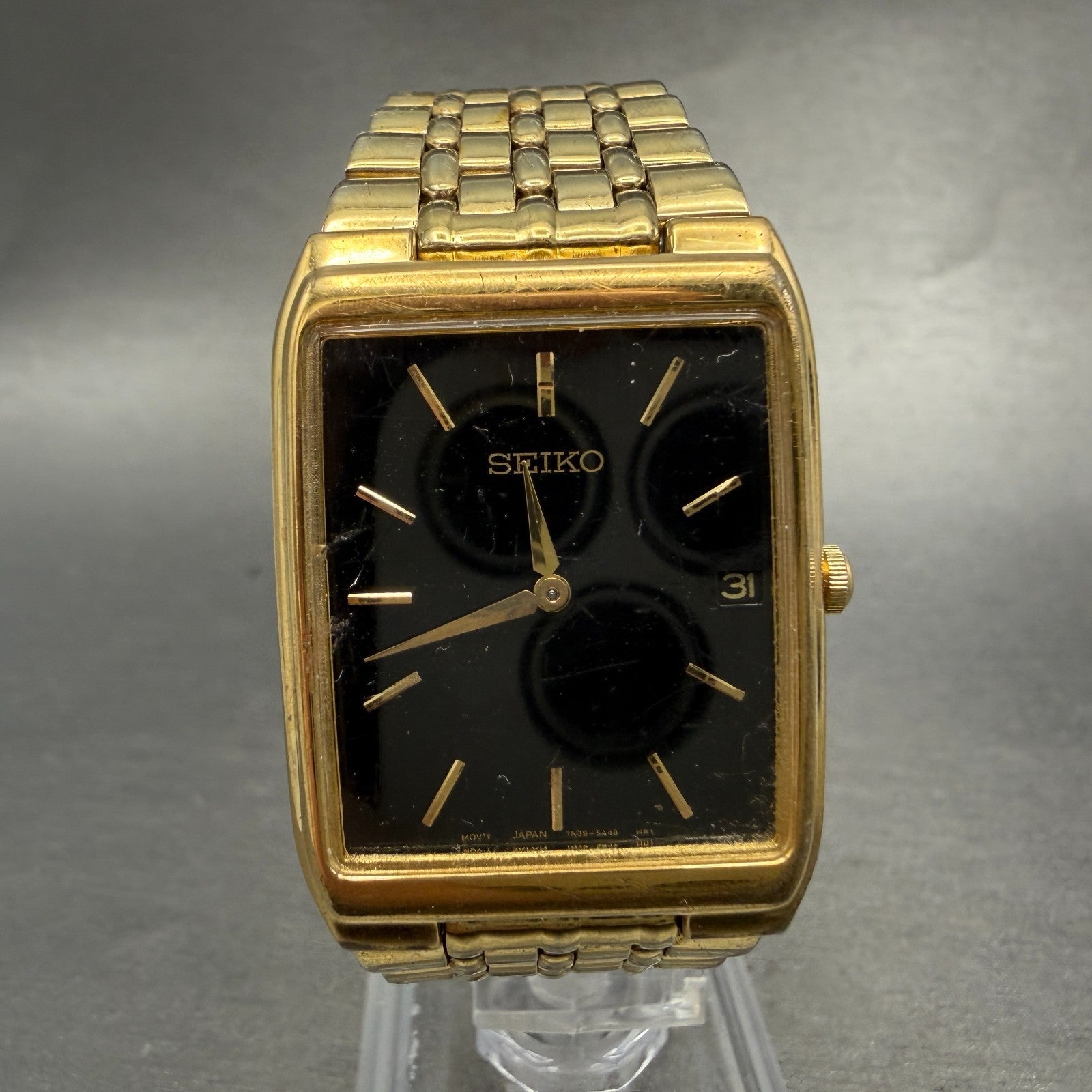 Seiko Tank Watch Men 27mm Black Dial Gold Tone Date Rectangle 7N39-5A39 PARTS0