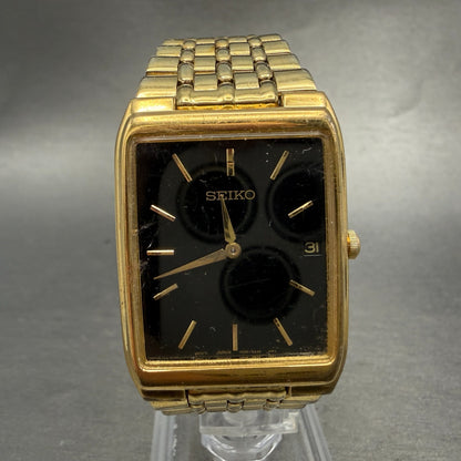 Seiko Tank Watch Men 27mm Black Dial Gold Tone Date Rectangle 7N39-5A39 PARTS0