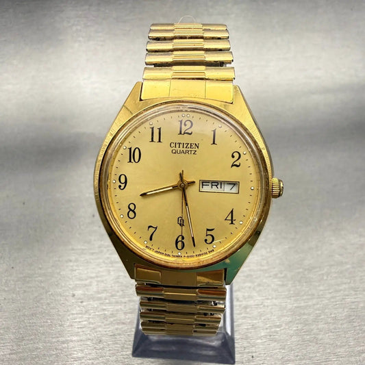 Citizen CQ Watch Men 35mm Gold Dial Gold Tone Daydate Round 6100-S09869 New Batt0