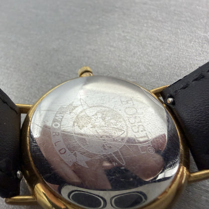 Fossil Watch Men 34mm Blue Mosaic Dial Gold Tone Round Leather band New Battery9