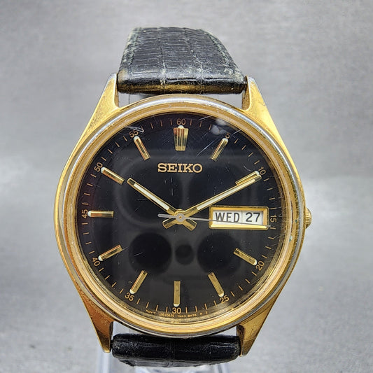 Seiko Watch Men 34mm Black Dial Gold Tone Daydate Round 7N43-8A89 New Batt READ!0