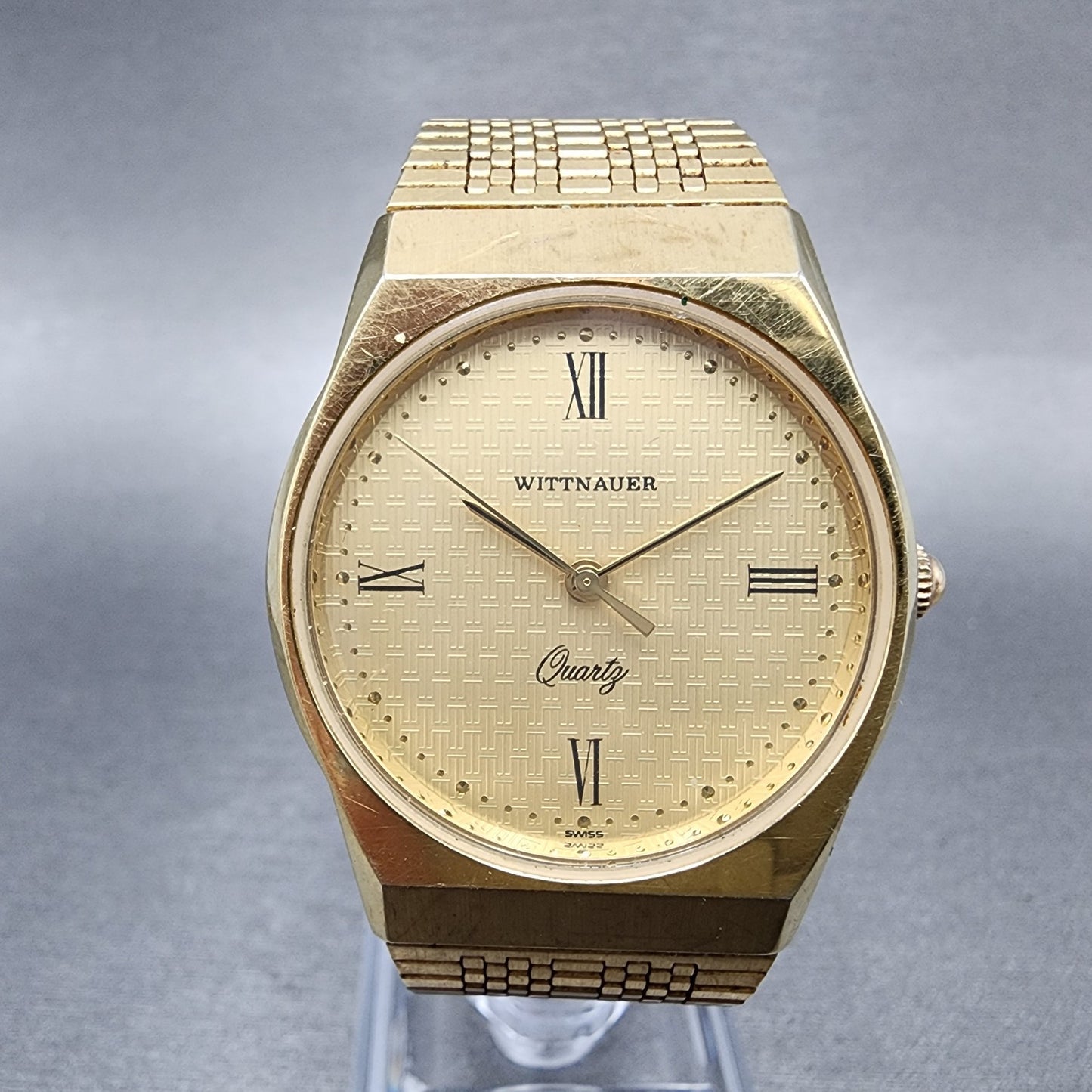 Wittnauer Watch Men 32mm Gold Dial Gold Tone Round Bracelet New Battery0