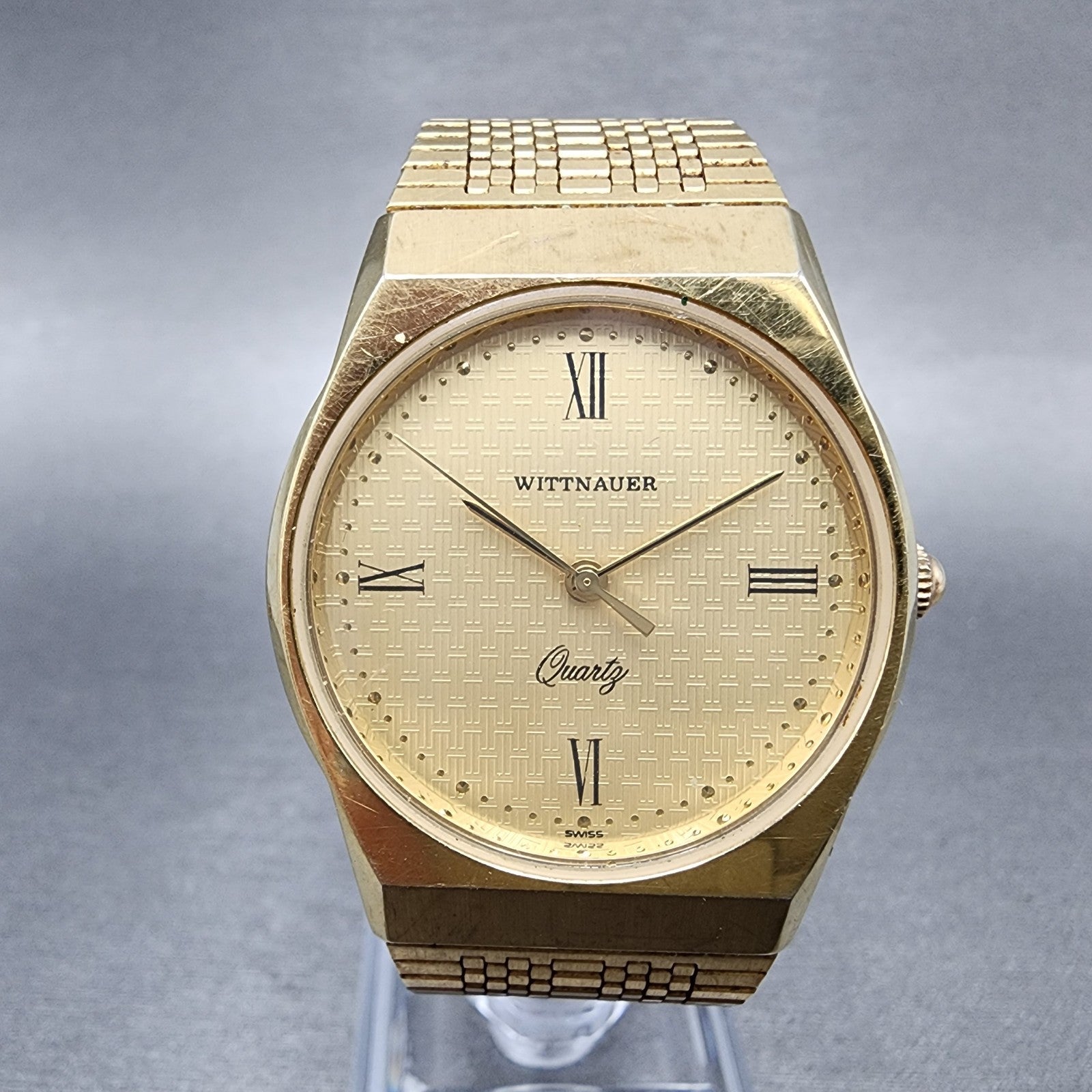 Wittnauer Watch Men 32mm Gold Dial Gold Tone Round Bracelet New Battery0