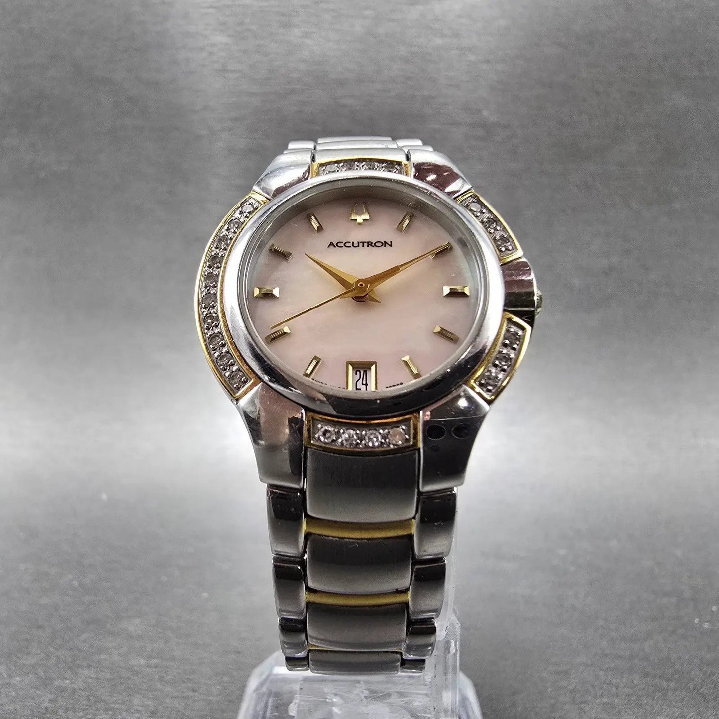 Bulova Accutron Watch Women 28mm MOP Dial Two Tone Date Diamonds New Batt 28R095