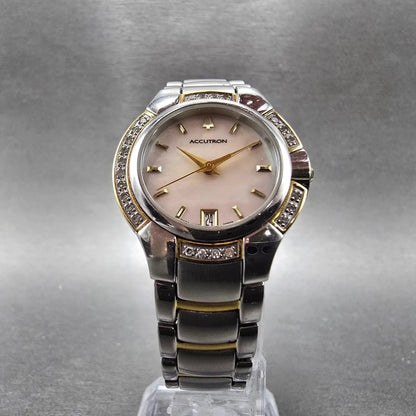 Bulova Accutron Watch Women 28mm MOP Dial Two Tone Date Diamonds New Batt 28R095
