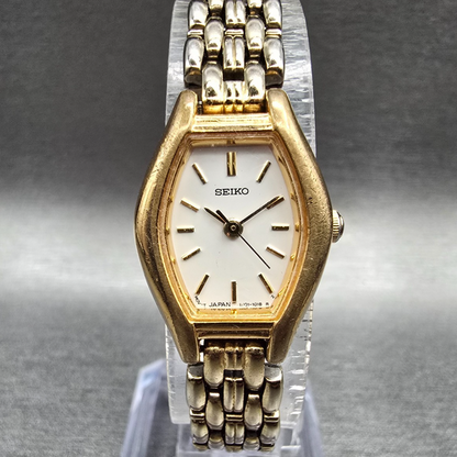Seiko Watch Women 18mm White Dial Gold Tone Oval 1N01-5C19 New Battery Vintage J0