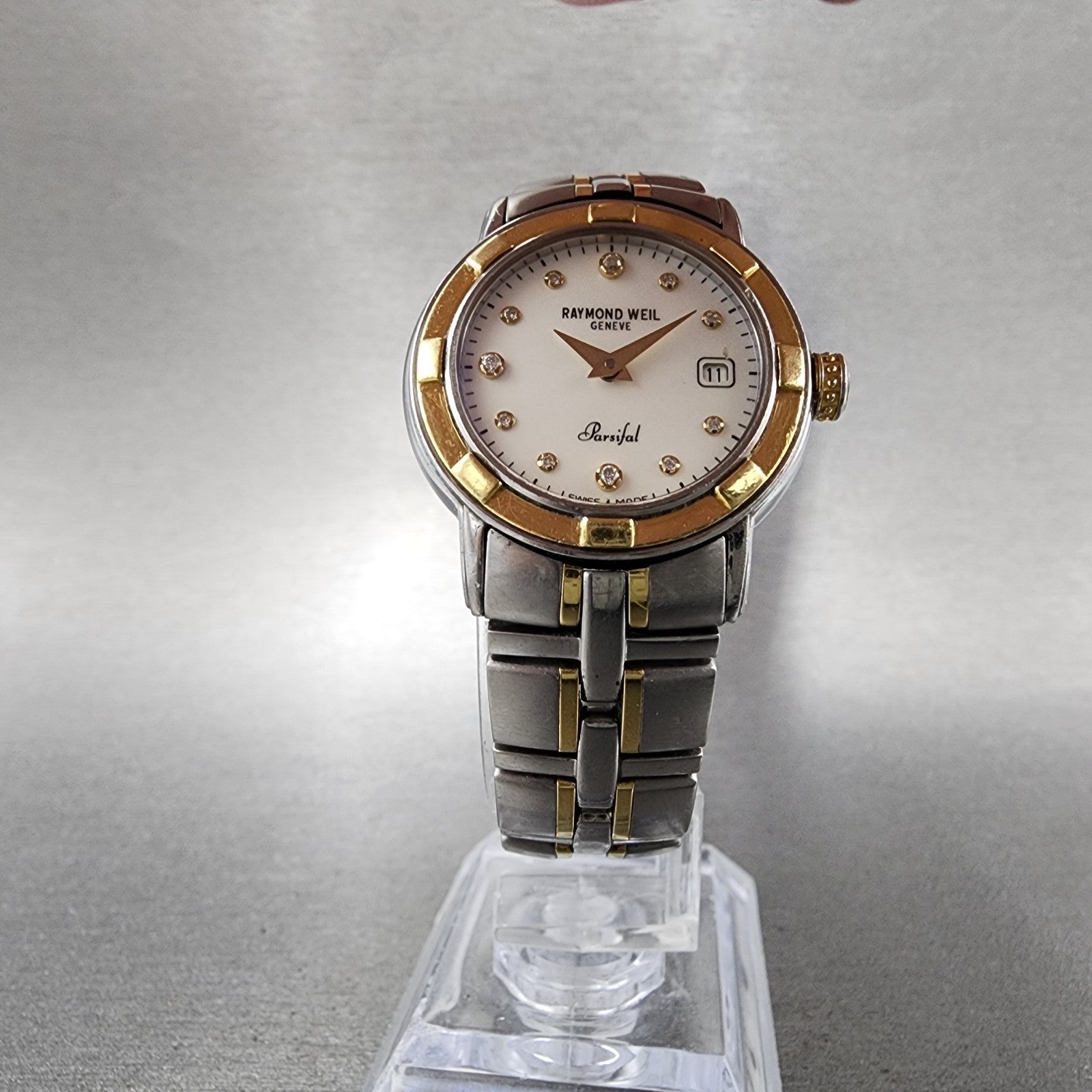 Raymond Weil Parsifal 27mm MOP Dial Two Tone Date Diamond Markers 9440 New Batt6
