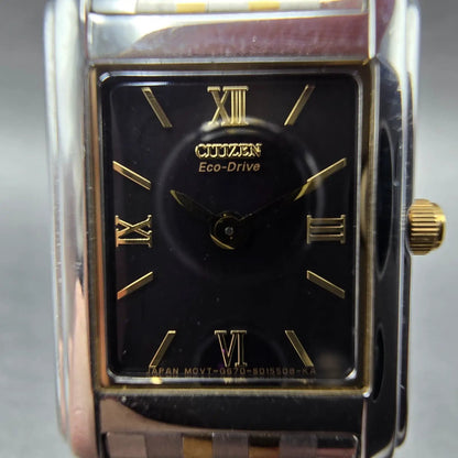 Citizen Eco-Drive Stiletto Tank Watch Women 19mm Black Dial Two Tone Works JP 561