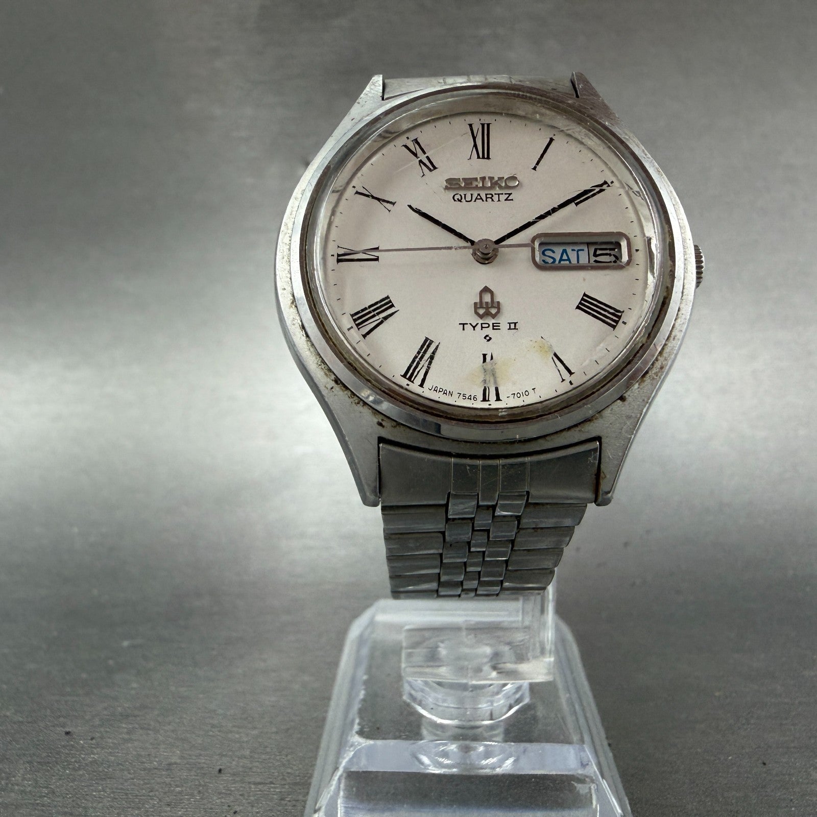 Seiko Type II Watch Men 37mm White Dial Silver Tone Daydate 7546-7010 New Batt5