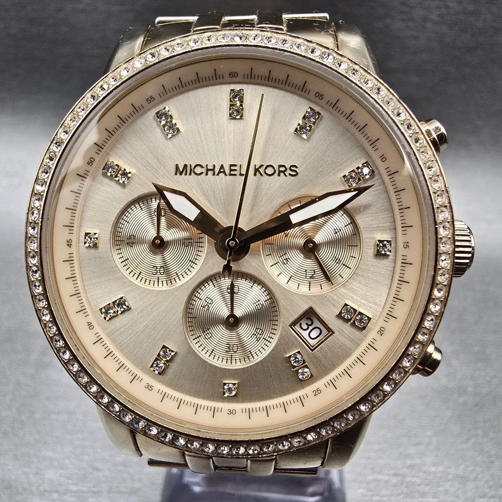 Michael Kors Chronograph Watch Women 41mm Gold Dial Gold Tone Date MK6342 NewBat1