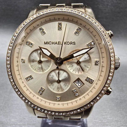 Michael Kors Chronograph Watch Women 41mm Gold Dial Gold Tone Date MK6342 NewBat1