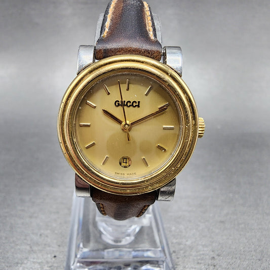 Gucci 4300L Watch Women 26mm Gold Dial Two Tone Date Round New Battery0