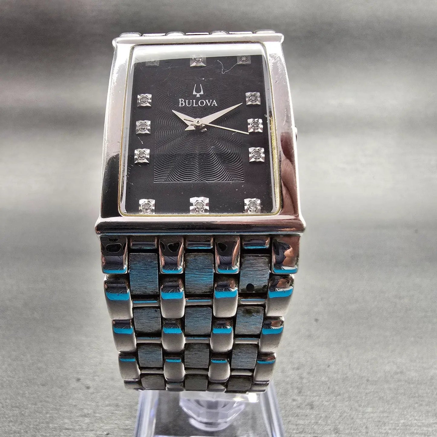 Bulova Watch Men 25mm Black Dial Silver Tone Gemmed Rectangle 96D12 New Batt5
