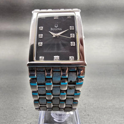 Bulova Watch Men 25mm Black Dial Silver Tone Gemmed Rectangle 96D12 New Batt5