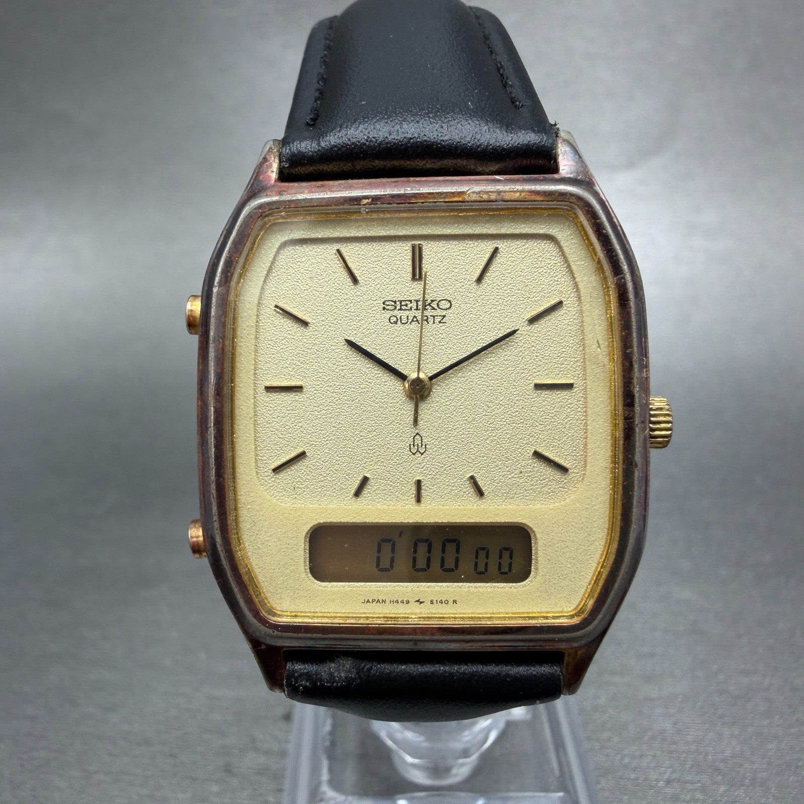 Seiko Analog Digital Watch Men 30mm Champagne Dial Gold Tone H449-5130 New Batt0