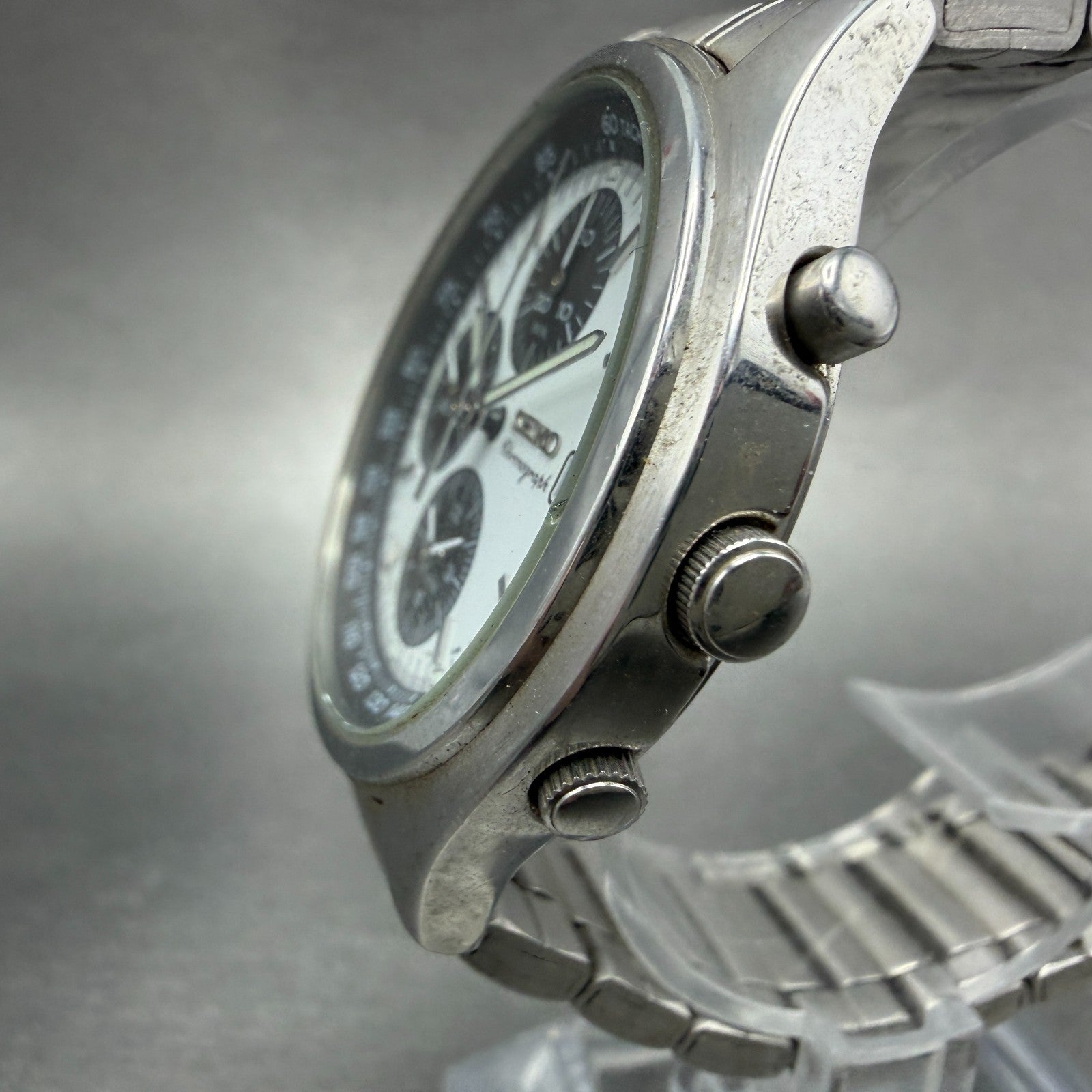 Seiko Chronograph Watch Men 39mm White Dial Steel Date Alarm Panda New Battery2