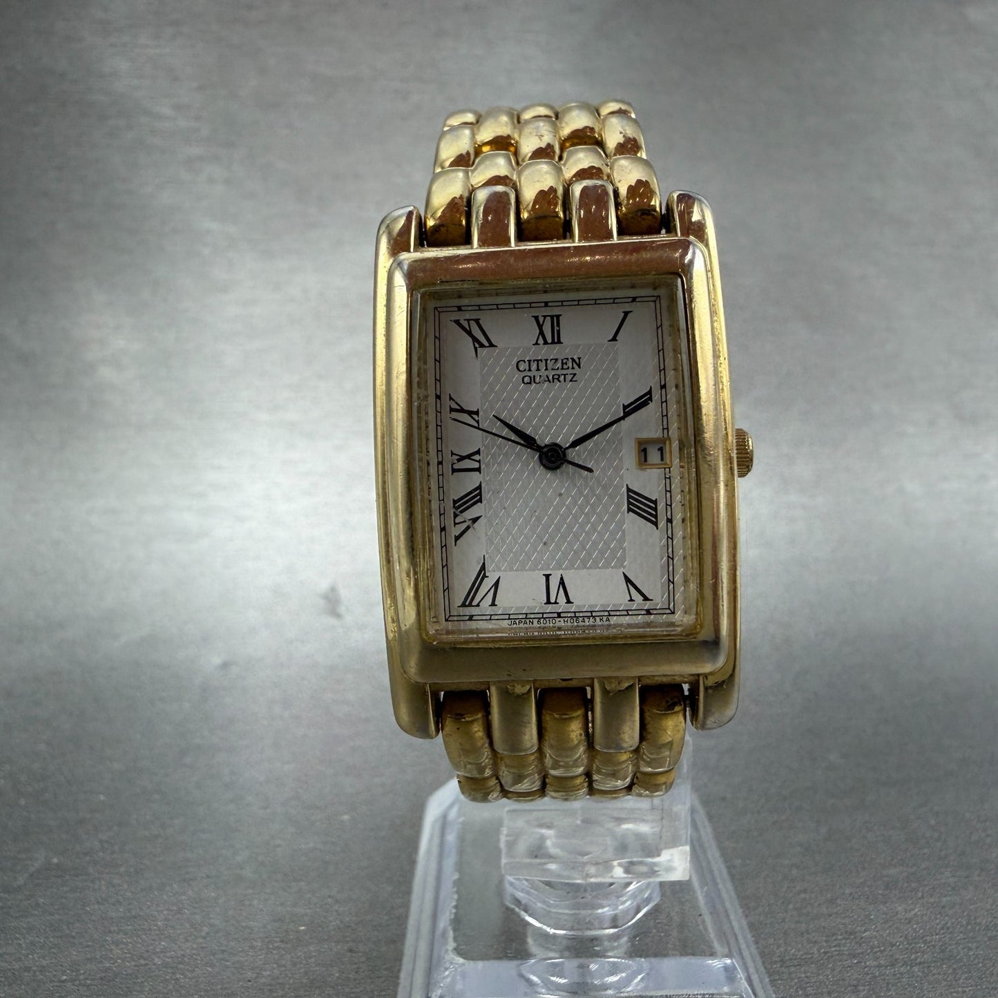 Citizen Tank Watch Men 25mm Silver Dial Gold Tone Date 6010-H03931 New Battery5