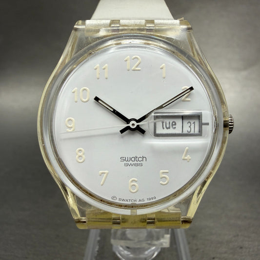Swatch Snowcovered Watch Men 34mm White Dial Clear Daydate GK733 New Battery0